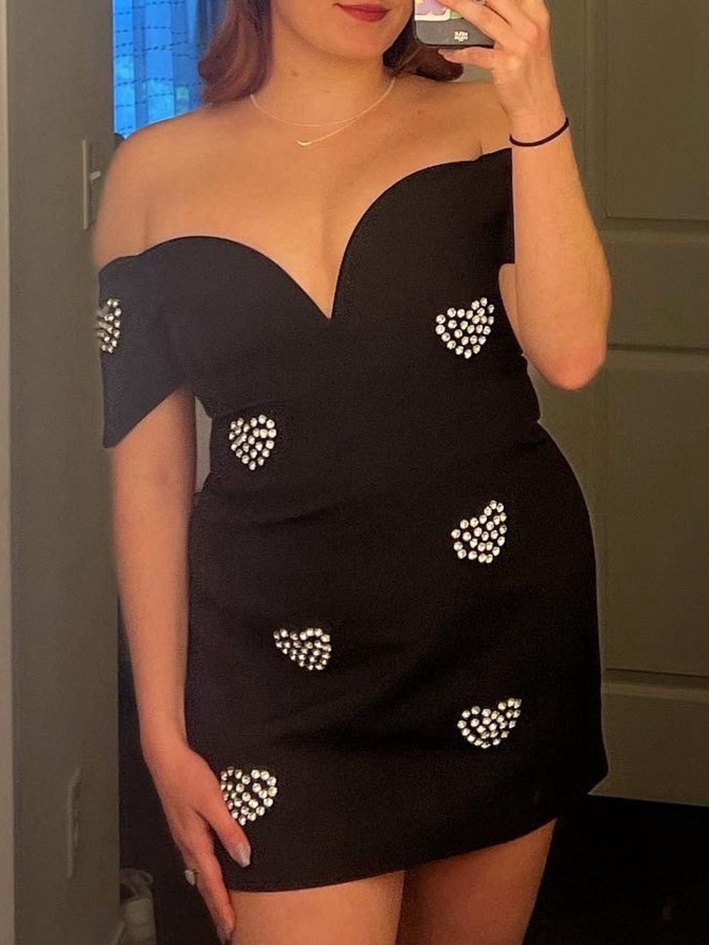 Nasty Gal Black Off-Shoulder Mini Dress with Crystal Heart Accents